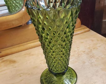 Indiana Glass, Avocado Green, Diamond Point Glass Vase, Vintage Centerpiece Decoration, Made in USA, Vintage Home