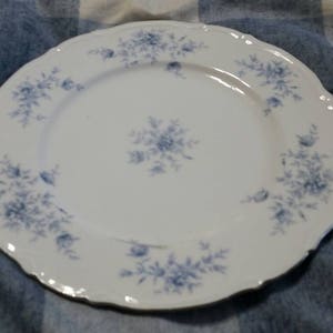 May include: A white porcelain dinner plate with a blue floral pattern. The plate has a scalloped edge and is decorated with delicate blue flowers and leaves.