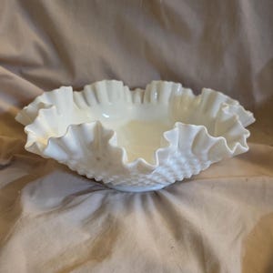 Signed Large White Fenton, Ruffled Bowl, 11.50 inch Crimped Low Profile, Hobnail Centerpiece Dish, Vintage Home Decoration