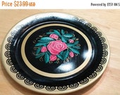 On Sale Vintage Kitchen 1960s Round Black Toleware Style Serving Tray Huge Large Pink Red Gold Rose Shabby Chic Cottage Retro