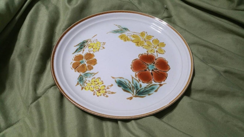 On Sale Imperial Stoneware 10.50 inch Dinner or Chop Plate Mountain Song Pattern with Rust Orange and Yellow Flowers Everyday Dish
