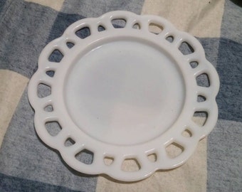 Collectible  Milk Glass Open Lace 8  inch Luncheon Serving Plate by Anchor Hocking