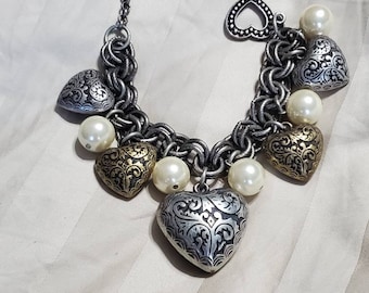 Puffy Heart, Silver Toned Chain, Faux Pearl, Toggle Clasp, Charm Bracelet, Costume Jewelry, Fashion Accessory
