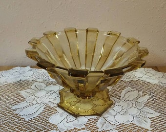 Large Heavy Amber Glass Art Deco  Design Pedestal Serving Bowl Vintage Home Decor