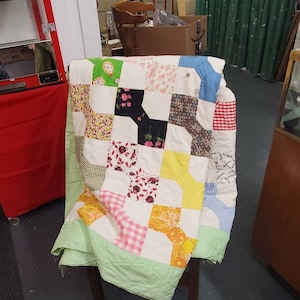 Aged Cotton Fabric, Vintage Clothing Patchwork Quilt, Handmade Bedding, Cottage Style, Vintage Home Linen, Bow Tie Quilt