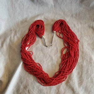 Coral Bright Red, Beaded 30 inch Necklace, Multi Strand, Costume Jewelry, Fashion Accessory