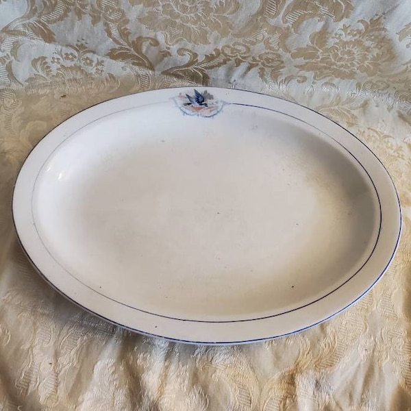 Aged,  Bluebird by W.S. George,  15  inch Oval Serving Platter, Derwood, Blue Bird, Blue Trim & Ring,  Rare Find Antique Serving Dish