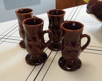 Set of 4 Cappuccino Coffee Cups or Serving Mugs Brown Pottery Made in USA