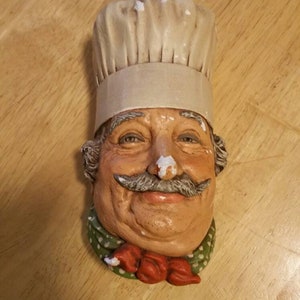 Bossons Chalkware Chef or Cook Man Head Figurine Made in England with Beige Hat and Mustache image 1