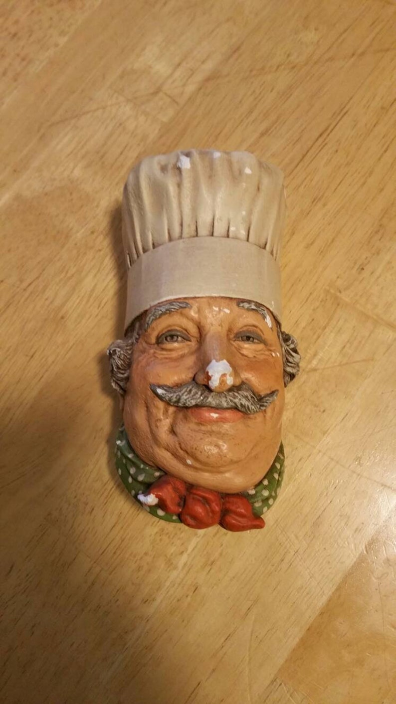Bossons Chalkware Chef or Cook Man Head Figurine Made in England with Beige Hat and Mustache image 1