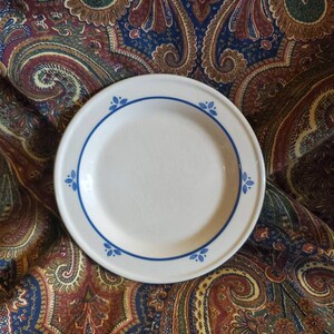 May include: A white ceramic plate with a blue rim and blue floral designs. The plate is on a paisley patterned fabric.