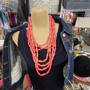Sugar Fix, Coral Pink and Black Variegated Oval Plastic Bead, 26 inch Multi Strand Necklace, Costume Jewelry, Fashion Accessory