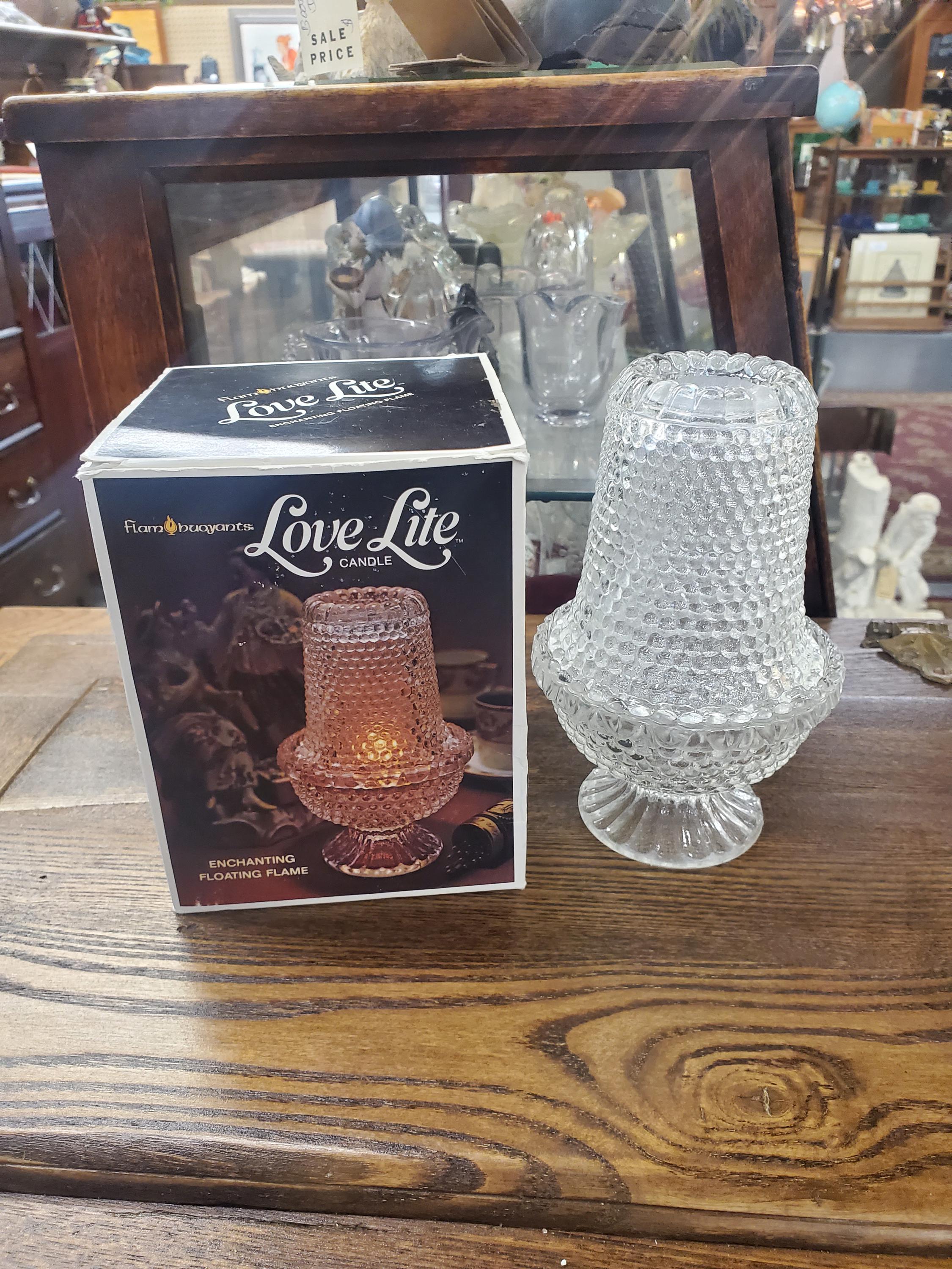 Flam Bouyants Love Lite, Pedestal Candle Holder, Fairy Light or Lamp, Decorative Clear Glass Hurricane Style, Original Box