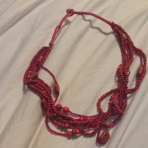 Boho Style Hot Pink Cord and Silver Toned Bead 20 inch Multi Strand Necklace Costume Jewelry Fashion Accessory