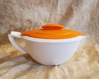 Vintage Tupperware, White and Orange, Oval Gravy Boat, Sauce Dish, Syrup Pitcher, Leftover Container
