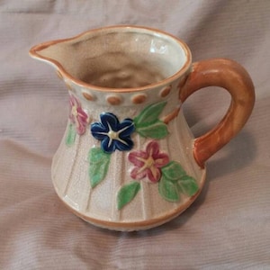 Made in Japan Majolica Blue/Pink Flower Milk or Water Pitcher or Creamer Vintage Kitchen