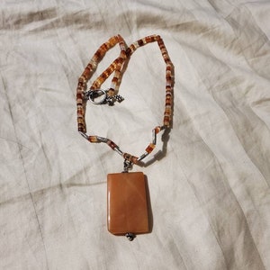 Orange Glass, Rectangular Pendant, 18-inch Necklace with Silver Toned Clasp, Orange, Yellow, Brown and Tiny Beads, Costume Jewelry