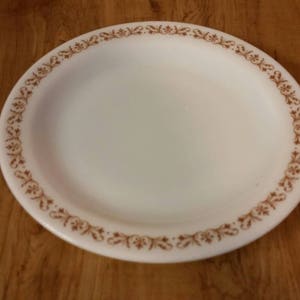 May include: A white ceramic plate with a brown floral pattern around the edge.
