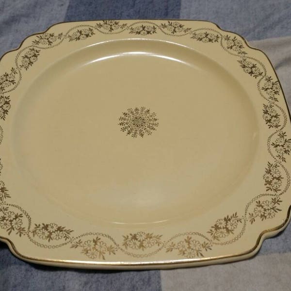 Antique Homer Laughlin Yellow and Gold Trim 8.75 inch Square Plate with Sunburst Pattern Vintage Kitchen