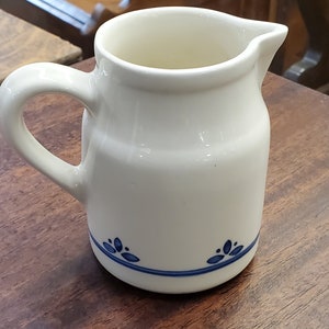 Rare Find,  Friendship Pattern, Oven Proof Roseville, Ohio Cream Colored and Blue Flower, Milk Creamer or Syrup Pitcher, Heavy Pottery