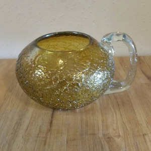Rare Find, Handmade Large, Gold Crackle Glass Bowl or Mug with Clear Glass Handle