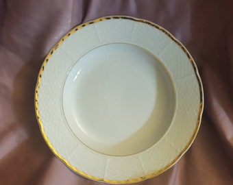 Baum Brothers, Bernadotte Ivory, 8.40 inch wide Rimmed Soup or Cereal Bowl, Embossed, Scalloped,Gold Trim, Made in Czech Republic, Porcelain