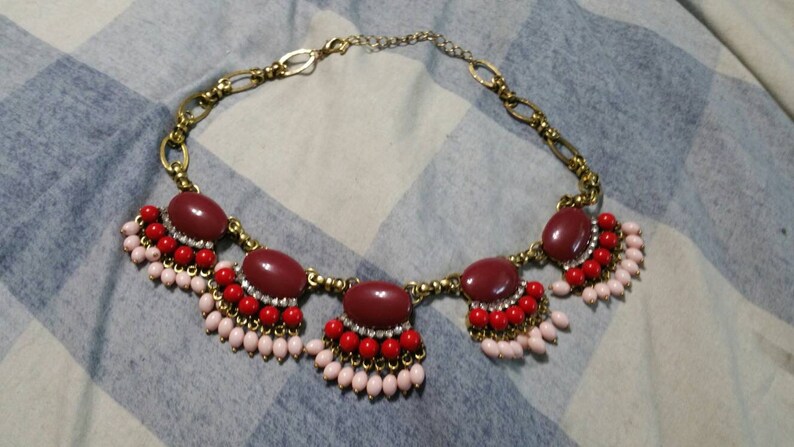 Bright Red and Pink Beaded with Rhinestone Bib 18 inch Necklace Egyptian Style Layered Costume Jewelry On Sale Brass Toned and Maroon