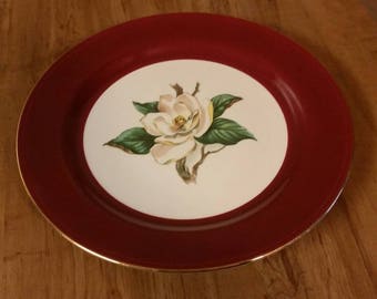 Homer Laughlin Lifetime China Company 10 inch Dinner/Chop Jaderose Pattern with Burgundy Rim