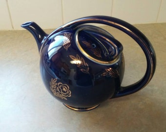 On Sale Hall China Cobalt Blue Airflow Teapot with Gold Leaves and Flowers Vintage Kitchen 6 Cup Design