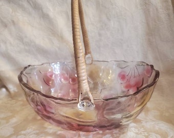 Iridescent Oval Glass Bowl with Colored Fruit Design, Rattan Handle, Indiana Glass, Pear, Cherry and Lemon Design