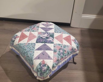 Upcycled Triangle and Floral Fabric Cotton Quilt, Square Foot Stool or Short Ottoman, Purple Pink and White with Measuring Tape Edge