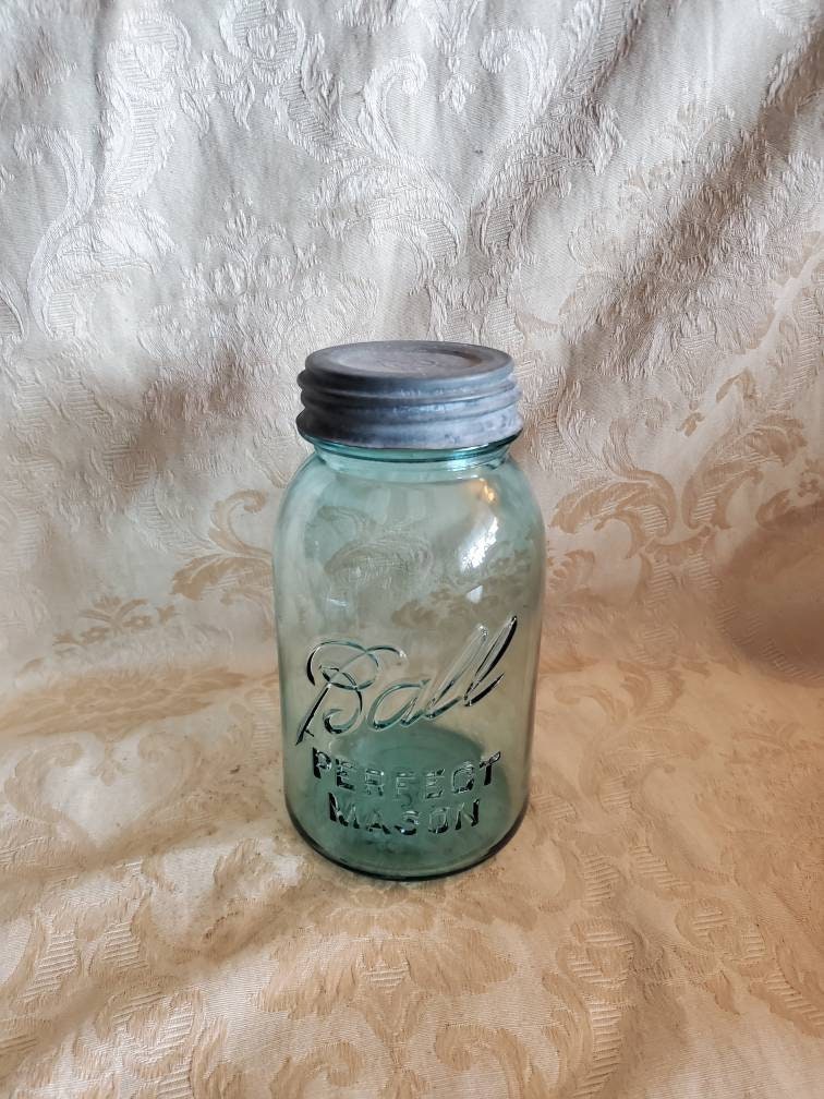1930s or 1940s, Turquoise Blue Ball Canning Jar With Zinc Lid, 1