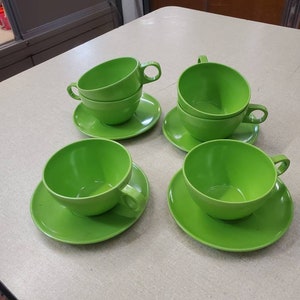 Set of 10, Bright Green  Melmac or Melamine Hook Style Coffee Mugs, 6 Mugs and 4 Saucers,  Vintage Kitchen