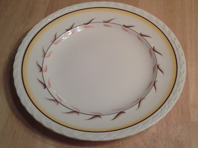 Puede incluir: Un plato de cena de cer&aacute;mica blanca con un borde amarillo y un dise&ntilde;o floral marr&oacute;n y rosa.