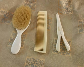 Set of 3  Celluloid Yellow Hair Brush, Comb and Hair Clip Vanity Item Home Decor