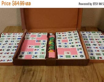 On Sale Vintage Mah Jong Set in Brown Plastic Case with Plastic Poker Chips and Dice Game Room Item