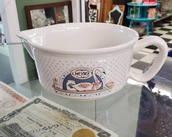 Country Home, White Swan, Ceramic Batter or Mixing Bowl, 1980s Kitchen, Swan,  Pink Heart and Blue Flower Design