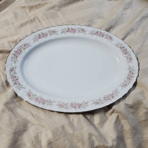Teahouse Rose by Danisco, 14 inch Oval Serving Platter, Pink Flowers, Green Leaves, Swirled Rim, Fine China, Made in Japan