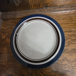 Puede incluir: Un plato redondo de cerámica con un centro blanco, una banda marrón y un borde azul marino. El plato está sobre una superficie de madera. Este plato es adecuado para servir comidas.