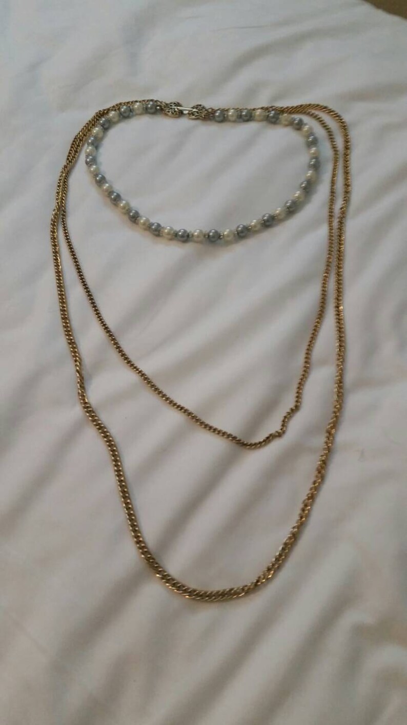 On Sale Multi Colored White Faux Pearl and Gray Bead Silver and Gold Toned Triple Strand Long 34 inch Necklace Costume Jewelry Fashion Acce