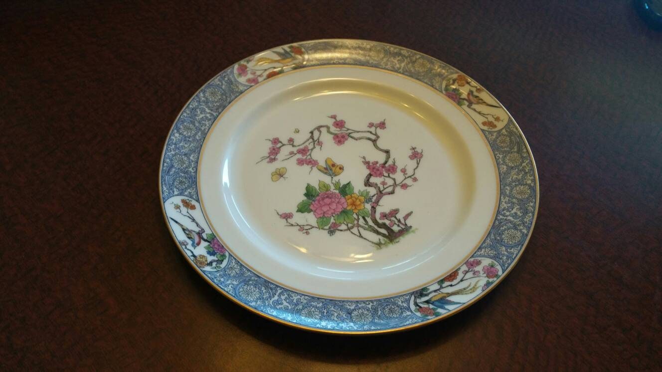 アメリカ製ヴィンテージ　LENOX　花文リムプレート USA【未使用】 Lenox Fine China Ming Pattern With Black Stamp, Birds/floral