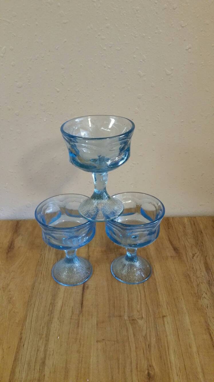 Two Blue Tall Drinking Glasses Round Top and Square Bottom -  Hong Kong