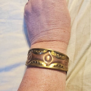 Copper and Brass Cuff, Embossed Bracelet, Handmade Costume Jewelry, Fashion Accessory, Western Style