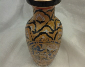 Unmarked Ceramic Oriental Orange and Black Ceramic Vase