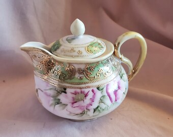 Antique Nippon Hand Painted Gold Footed Teapot With Lid
