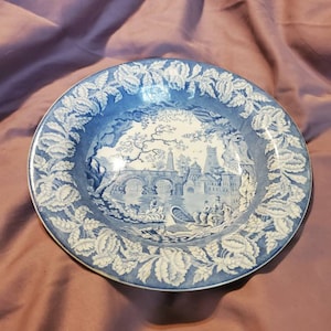 19th Century, Victorian Blue, 9.80-inch, Wide Rimmed Soup or Salad Bowl, White Staffordshire Dish, Made in England, Antique Bowl