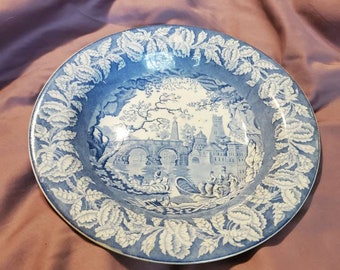 19th Century, Victorian Blue, 9.80-inch, Wide Rimmed Soup or Salad Bowl, White Staffordshire Dish, Made in England, Antique Bowl