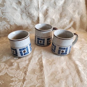 Rare Find, Set of 3,  Hand Made, Gray Speckled Brown with Blue Stripes and Brown Spots, Coffee/Serving Mugs, Pottery Dishes