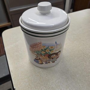 Century Japan White  Ceramic Storage Canister, Cat in Garden Cart Design, Vintage Kitchen