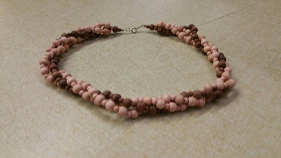 Pale Pink and Brown Wooden Bead 17 inch Twisted C… - image 2
